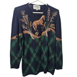 Susan Bristol Blue and Green Sweater with Equestrian & Argyle Pattern Size Med
